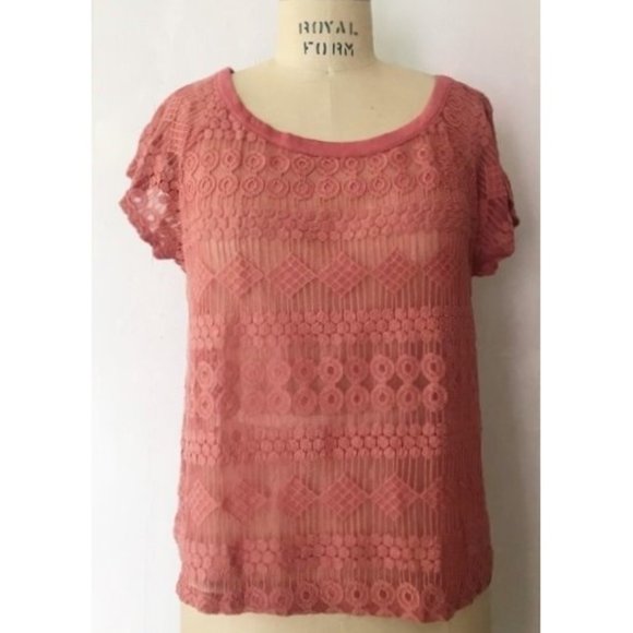FOREVER 21 CORAL PINK MESH EMBROIDERED GEOMETRIC LACE TOP LARGE NWT - Picture 1 of 8